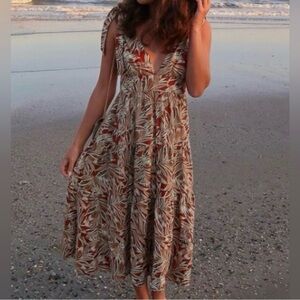 NWT House of Harlow 1960 Tiered Midi Dress Orange Linen Botanical Beach Size L